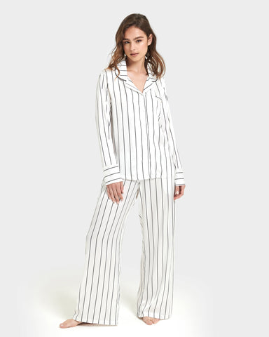 Beau Pyjama Long Satin Luxueux Blanc/Noir