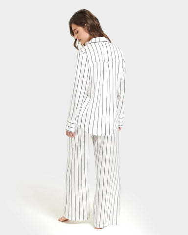 Beau Pyjama Long Satin Luxueux Blanc/Noir