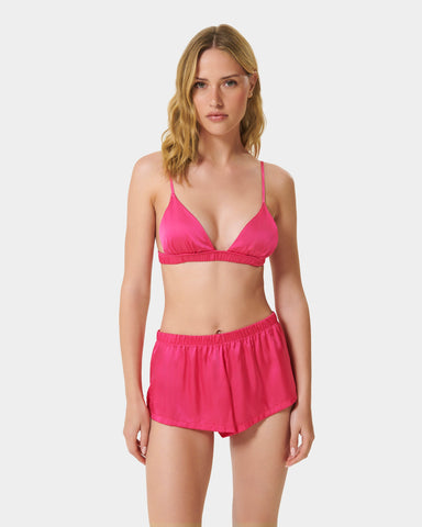 Saskia Ensemble Luxe Soutien-Gorge et Short en Satin Rose Fuchsia