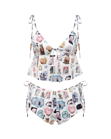 BB x Ashley Williams Ensemble Short et Caraco en Satin De Luxe Imprimé Chaton
