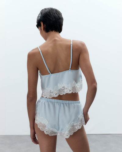 Caraco et Short en Satin Luxueux Isabella Bleu Eau Glacée/Blanc