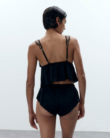 Ensemble Caraco et Short Marabel en Satin Luxueux Noir/Transparent