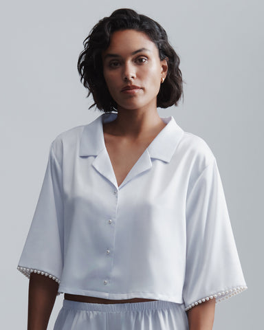 Chemise en Satin Luxueux avec Perle Blanc/Nacre