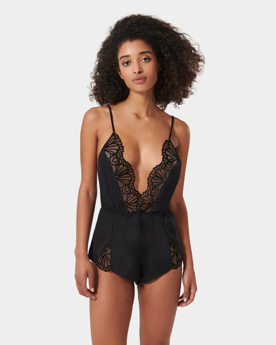 Combishort Genevieve en Satin Luxueux Noir/Transparent