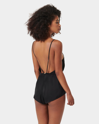 Combishort Genevieve en Satin Luxueux Noir/Transparent