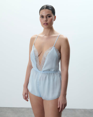 Combishort Vermont en Satin Luxueux Bleu Eau Glacée