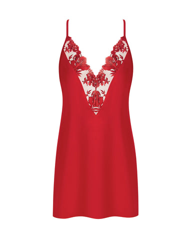 Nuisette Brodée en Satin Lavanya Rouge